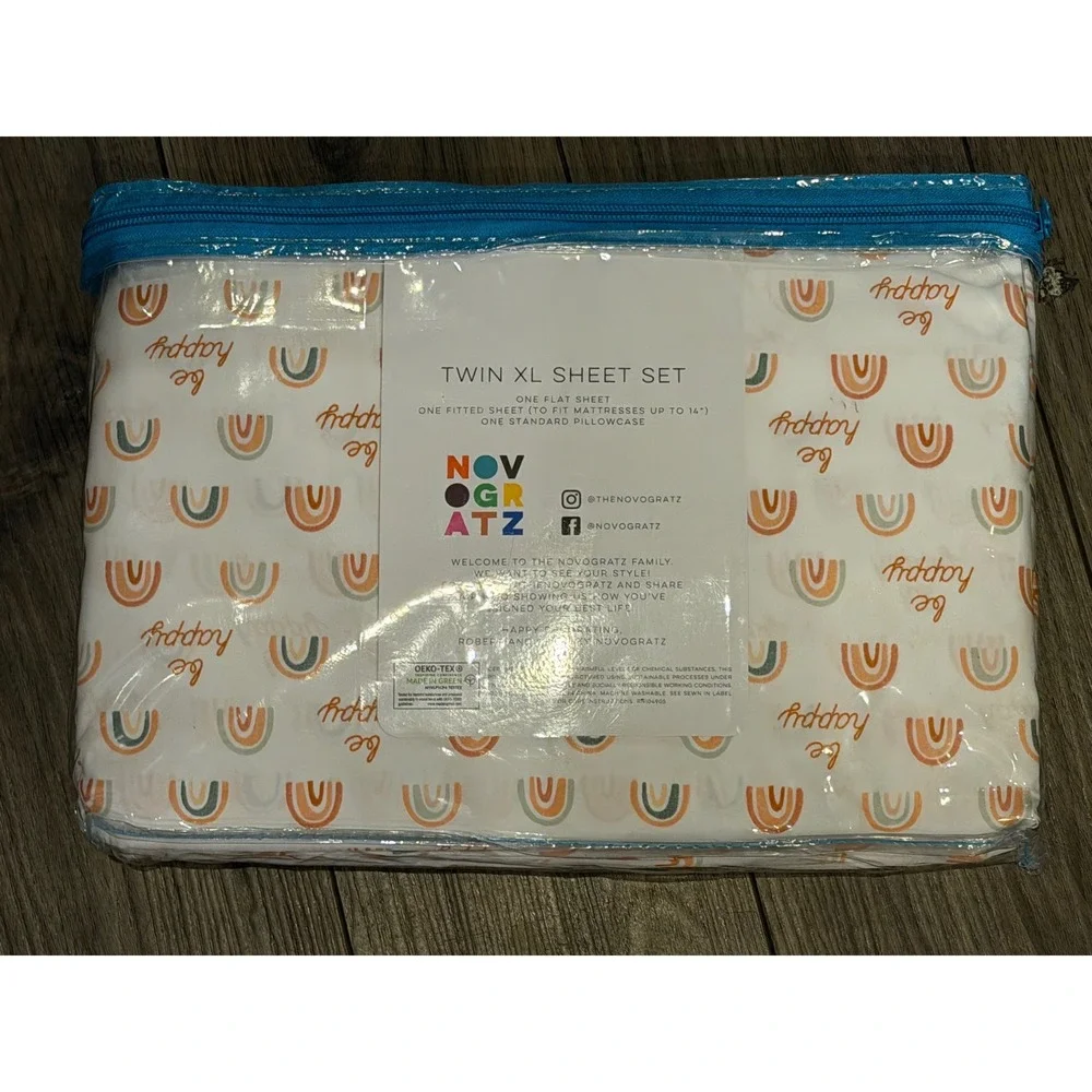 Novogratz Home Twin XL Sheet Set Be Happy Rainbow Microfiber White 3 Piece